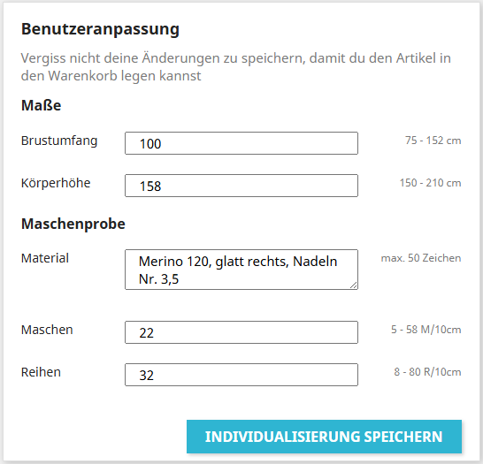 Benutzeranpassung ausgefüllt